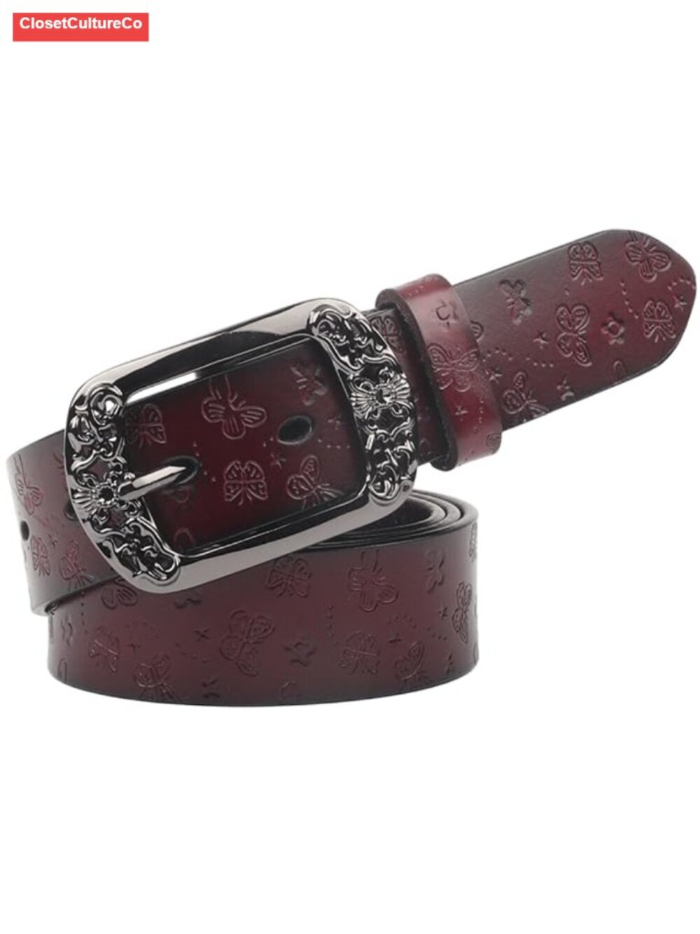 Womens Vintage Engraved Leather Belt Hollow Floral Large Buckle Jeans Pants